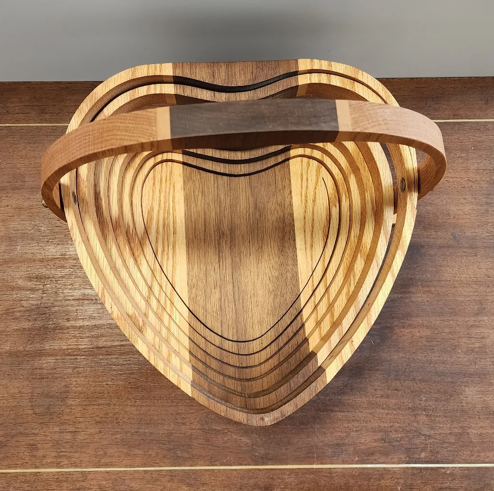 Handmade Vintage Heart Suspended Spiral Wood Folding Basket, Spring Folk Art - Picture 3 of 6